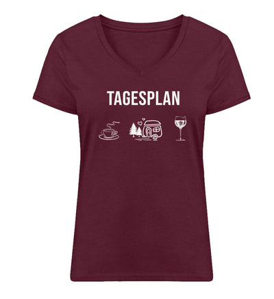 Tagesplan Kaffee, Camping und Wein - Damen Organic V-Neck Shirt camping Weinrot