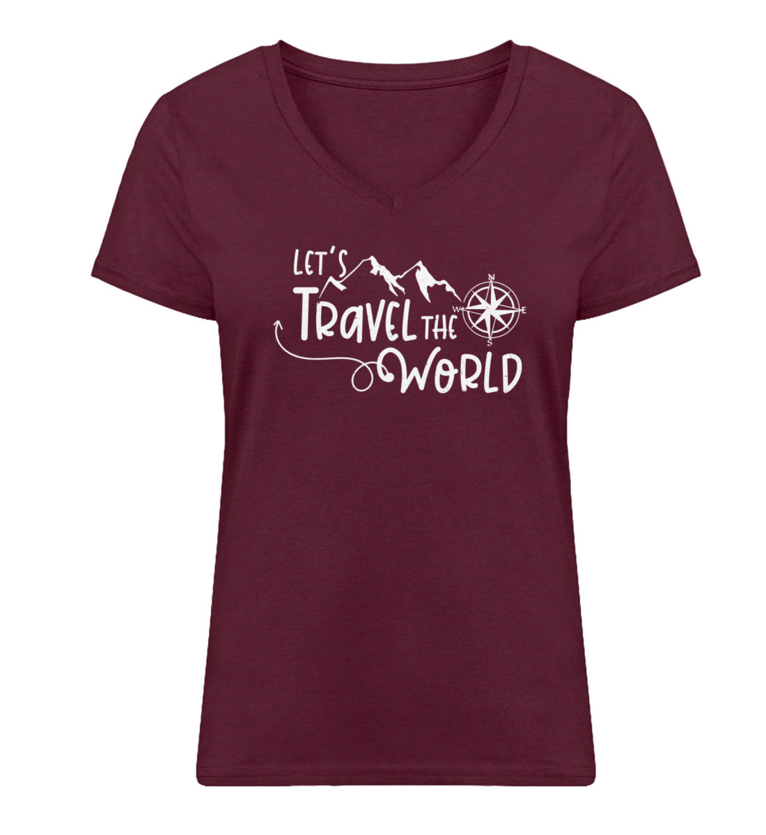 Lets travel the world - Damen Organic V-Neck Shirt camping wandern Weinrot