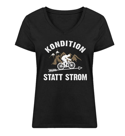 Kondition statt Strom - Damen Organic V-Neck Shirt fahrrad mountainbike Schwarz